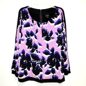 Worthington Women’s Purple Floral Scoop Neck Long Sleeve Zip Back Top – Size: 1X